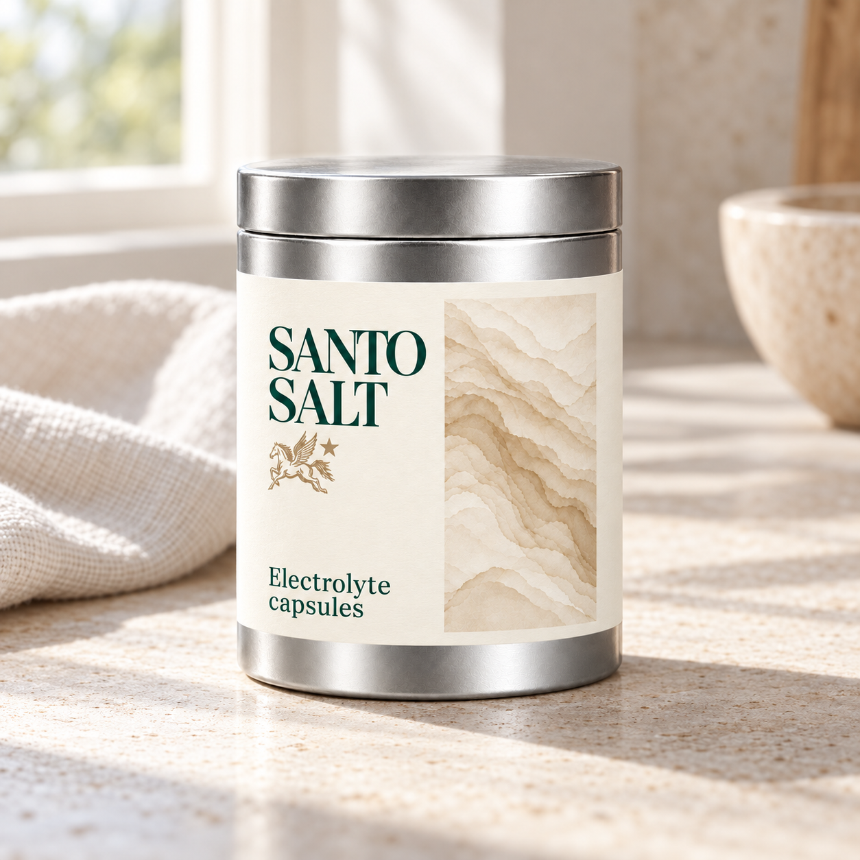 Round silver Santo Salt electrolyte capsules tin in a sunlit interior