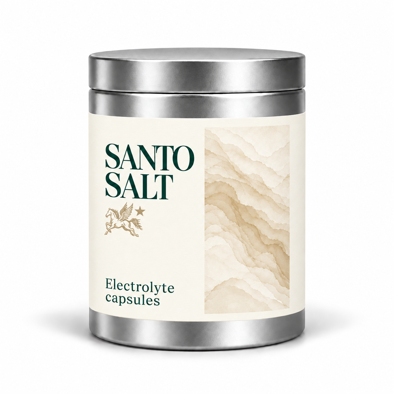 Front view of the round silver Santo Salt electrolyte capsules tin