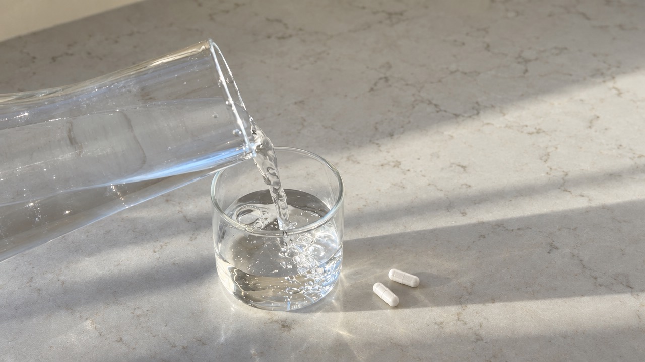 Water poured into a glass beside two Santo Salt capsules on a stone surface